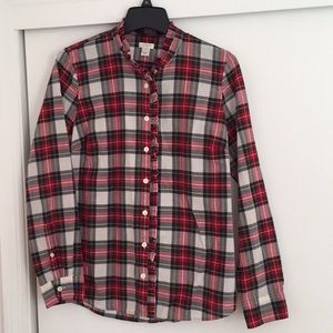 JCrew Factory plaid ruffle bottom down blouse